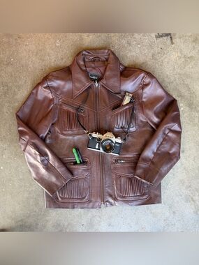 80s Branford Lightweight Accordion Pocket Safari Vinyl Leather Jacket sz Large